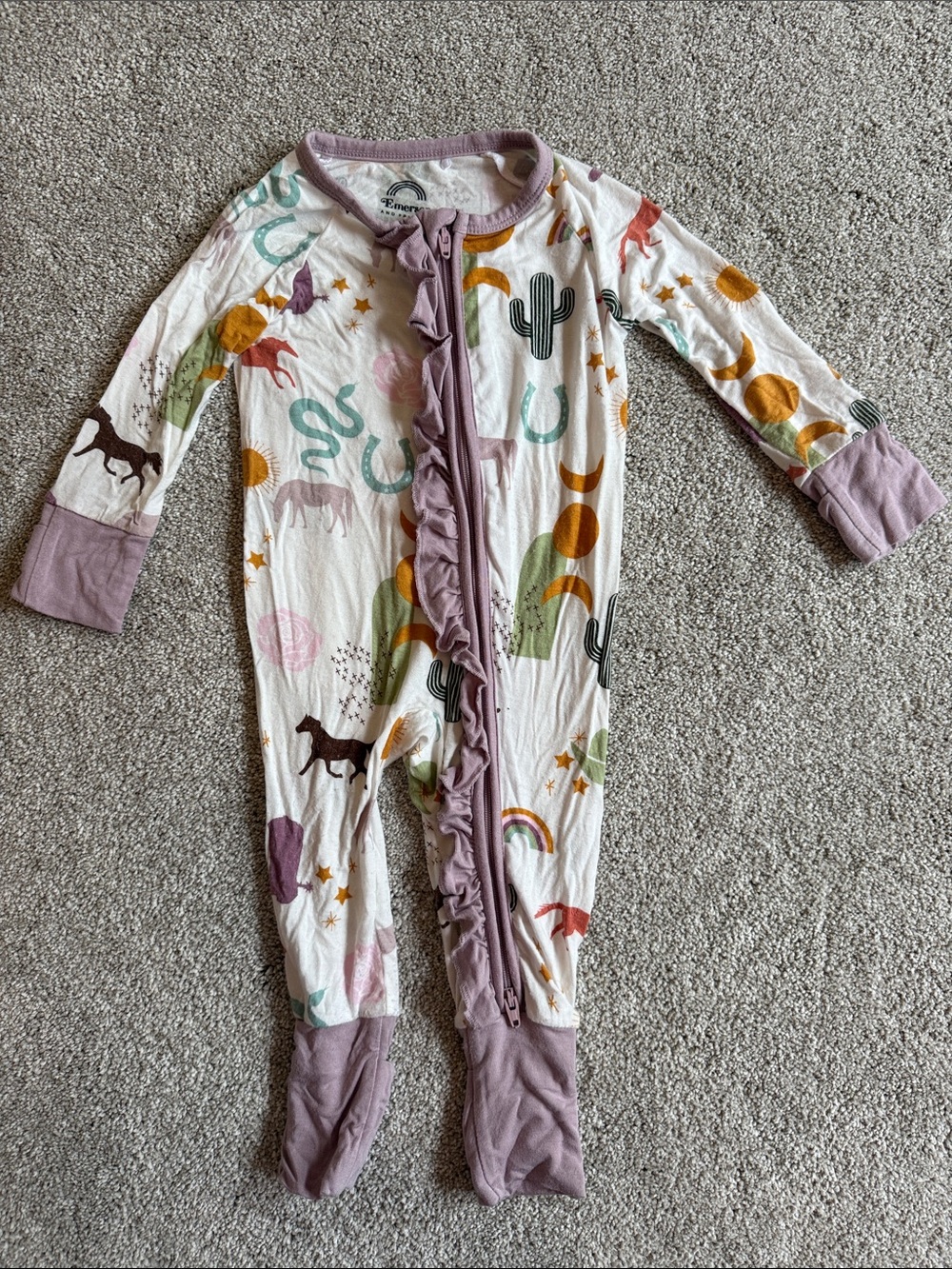 Emerson and Friends Multi-Print Ruffle Zip One-Piece Pajamas - Lavender Trim